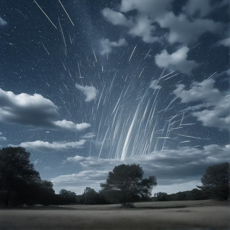 Bright meteor trails radiate down from the starry night sky above open grassy fields lined with dark silhouetted trees