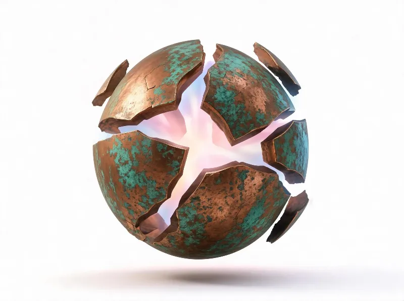 A fractured copper sphere with green patina, split into multiple pieces, floating on a white background and emitting a glowing, multicolored light from its core.