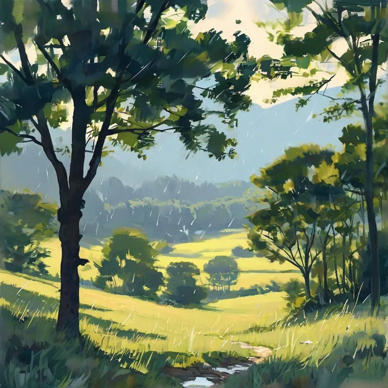 A tall tree on the left frames a sunlit bright green meadow dotted with small trees, with thin rain falling in warm golden light.