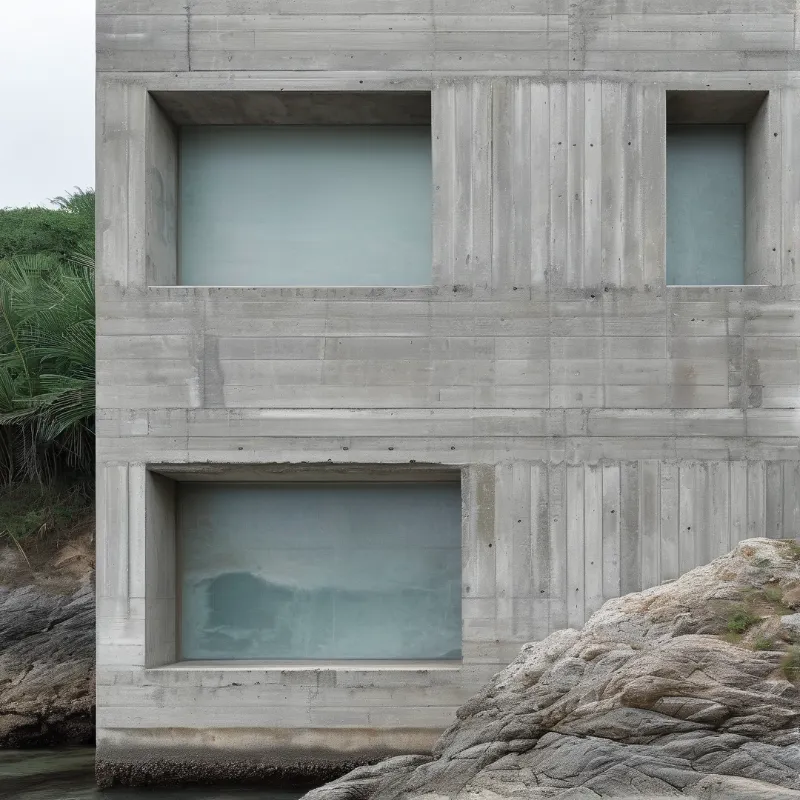 A raw concrete building sits beside rocky terrain with three recessed, opaque, light blue windows under overcast sky.