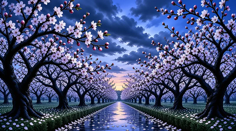 A symmetrical avenue of flowering trees with dark trunks stands under a cloudy evening sky, while a reflective stream filled with fallen petals leads toward the horizon.