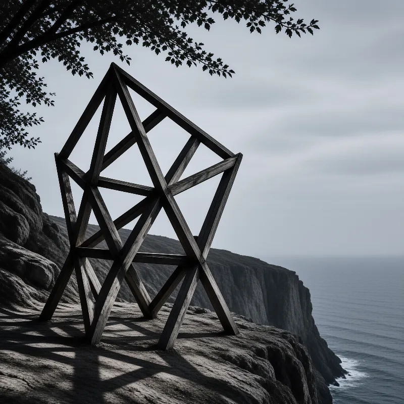 A large wooden geometric sculpture stands on a rocky cliff edge overlooking a calm ocean under an overcast sky.