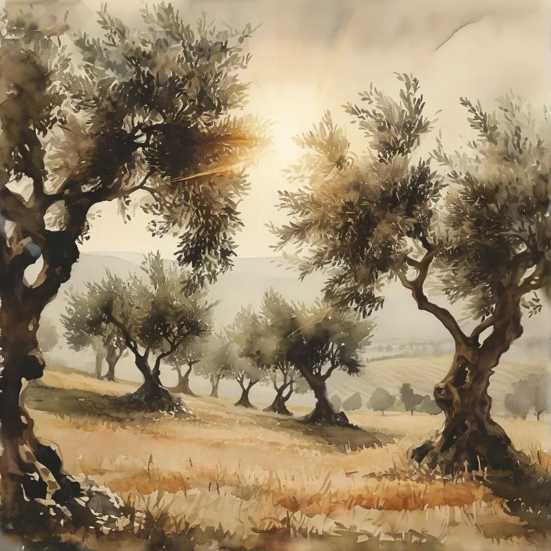 A watercolor painting shows gnarled olive trees standing on a hillside while bright sunbeams filter through branches above.