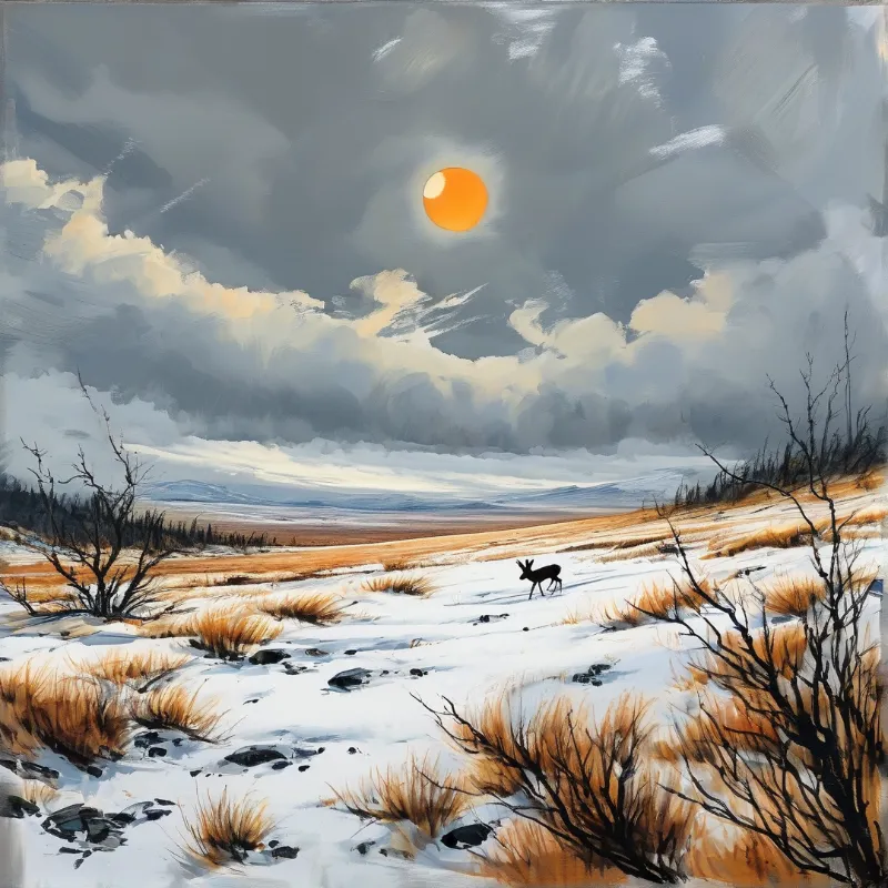 A dark deer stands in a snowy field with dry grass under a dramatic grey sky lit by an orange sun.