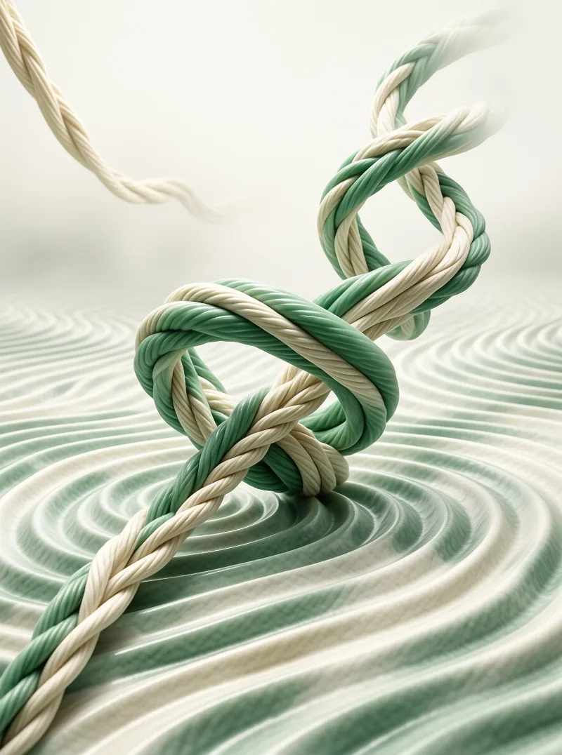 A twisted white and green rope structure hovers above a rippled surface with matching soft colors and smooth lighting.