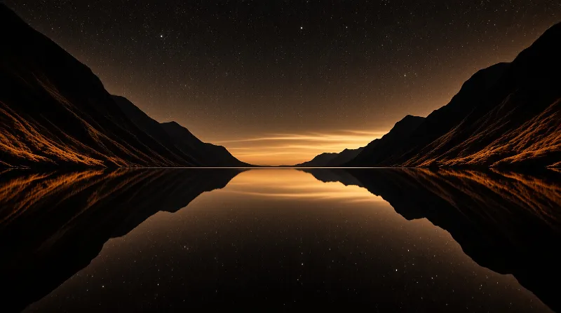 A perfectly still lake reflects dark mountain silhouettes and a glowing orange horizon under a deep starry night sky.
