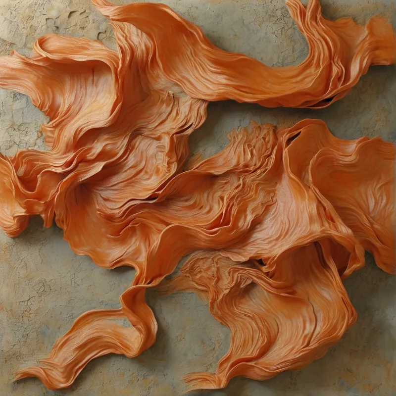 Flowing orange sculptural form on cracked concrete surface with soft diffuse lighting emphasizing contours