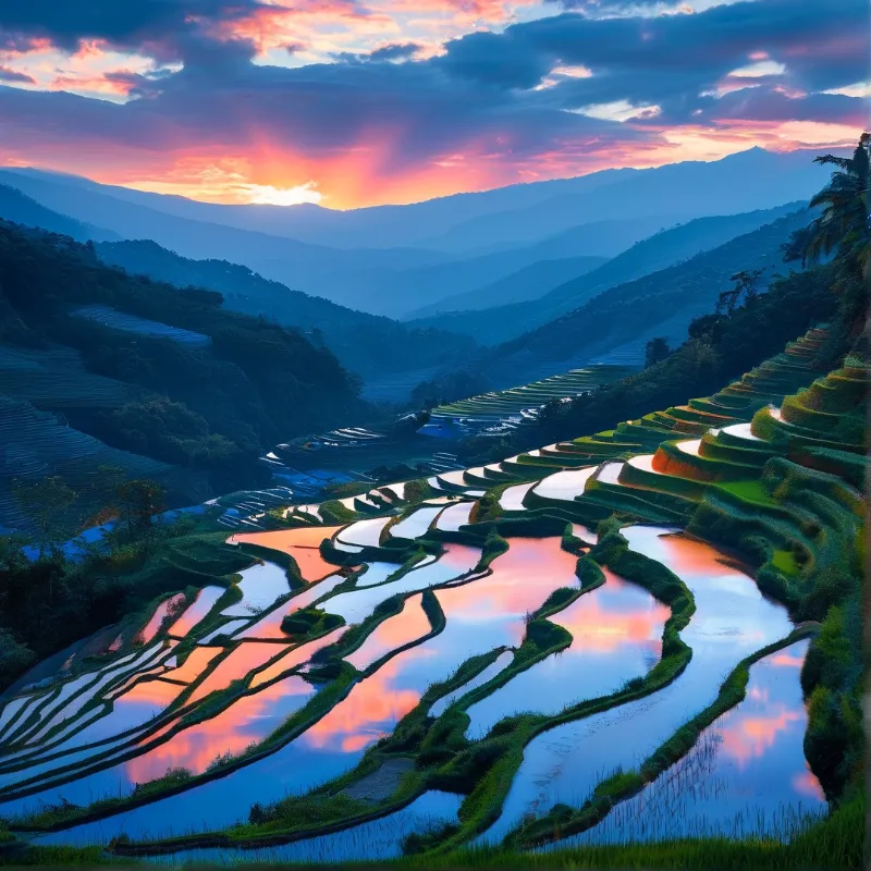 Layered agricultural fields filled with water mirror the colorful twilight sky above distant blue mountain ridges.