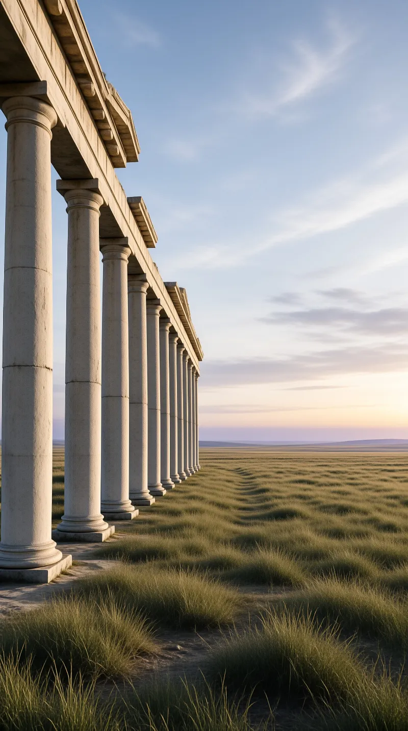 A long row of stone columns lines a vast field of green grass under a soft blue sky at sunset.