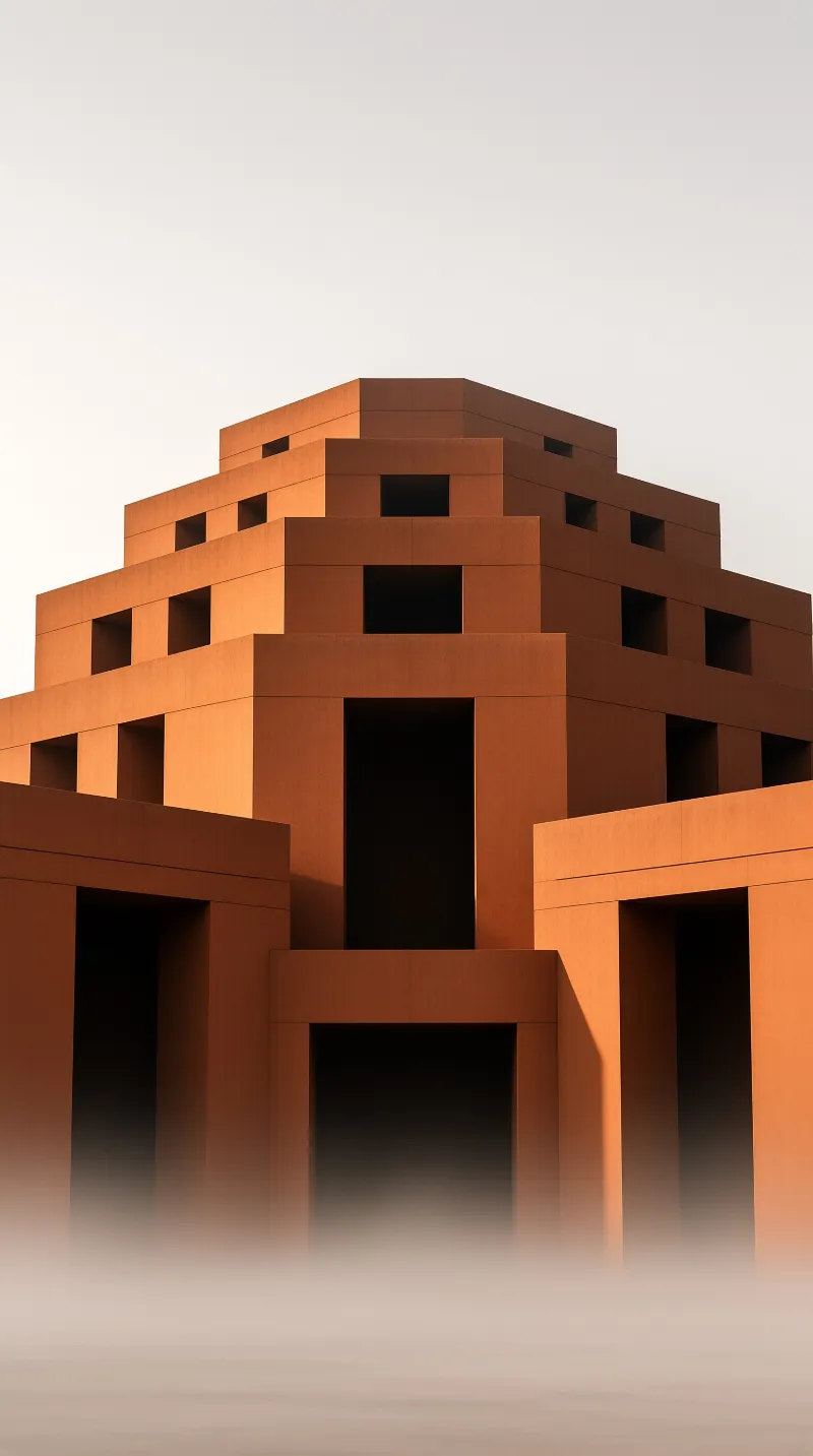 A minimalist terracotta tower of stacked cubic blocks emerges from soft low fog under a pale sky.
