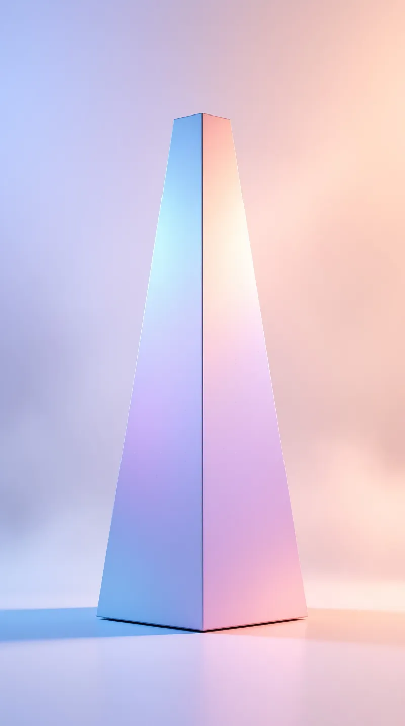 Slender geometric form stands in minimalist space with blue to pink gradient lighting