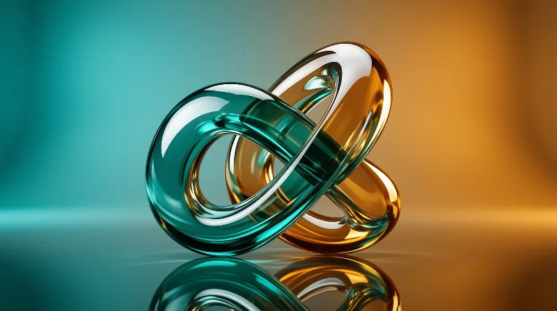 Two glossy interlocking rings in teal and amber rest on a reflective surface against a smooth color gradient.