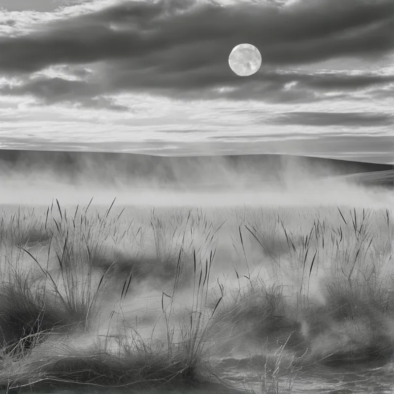 Black and white view of a fog shrouded marsh with tall reeds, full moon set against a cloudy monochrome sky.