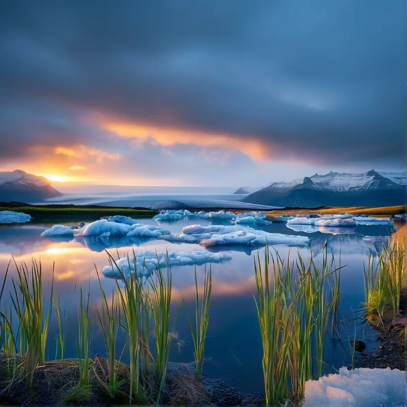 White ice chunks float on a calm glacial lake with tall green reeds and snowy mountains under an orange sunset