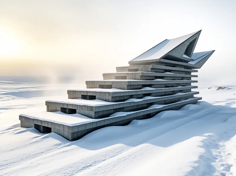 A futuristic grey building with angular roofs stands amidst a vast snowy landscape under soft golden sunlight.