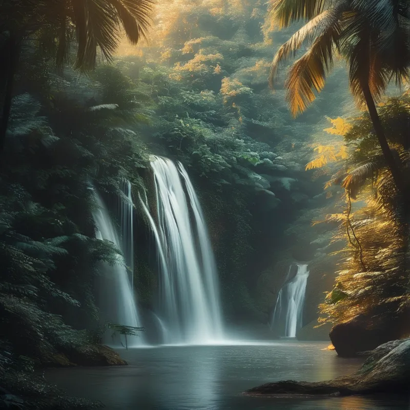 Sunlit Jungle Waterfall