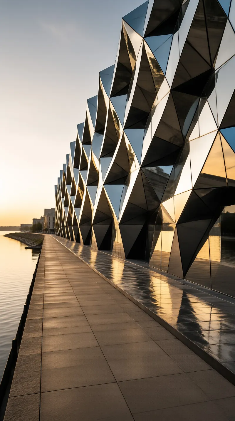 Geometric glass building with diamond panels reflects sunset light onto a paved walkway beside a calm river.