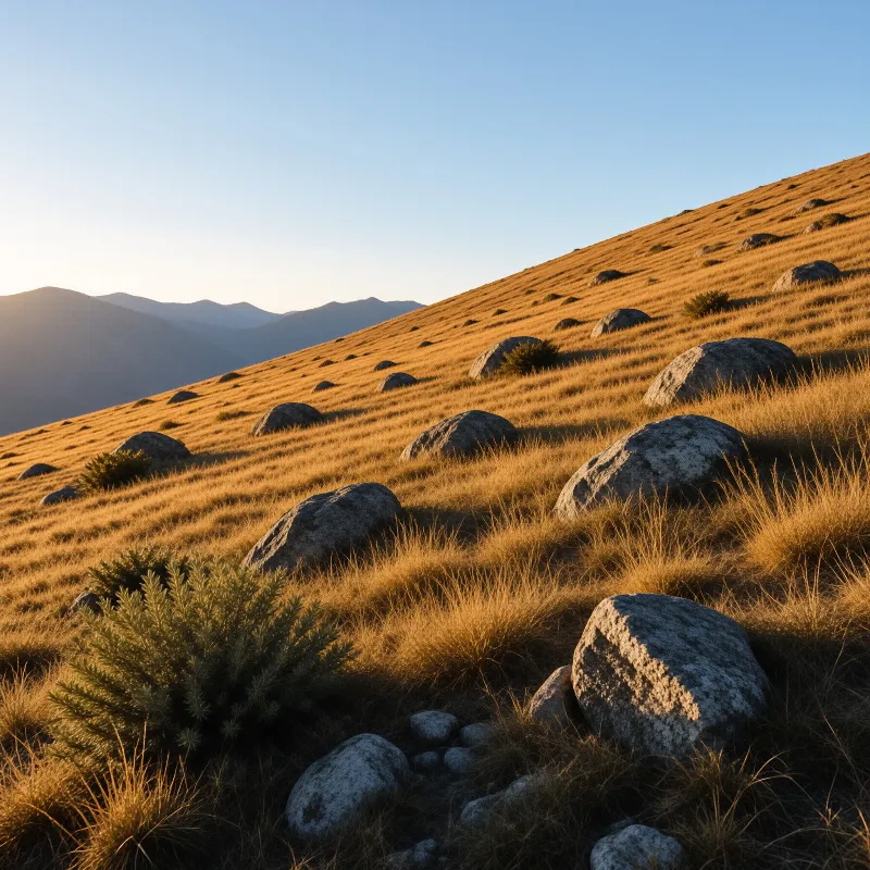 Scattered grey boulders dot a steep slope of dry amber grass under a clear blue sky.