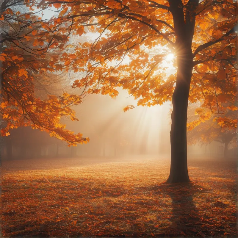 Sunlight streams through golden orange maple leaves onto a park lawn thickly carpeted with fallen autumn leaves.