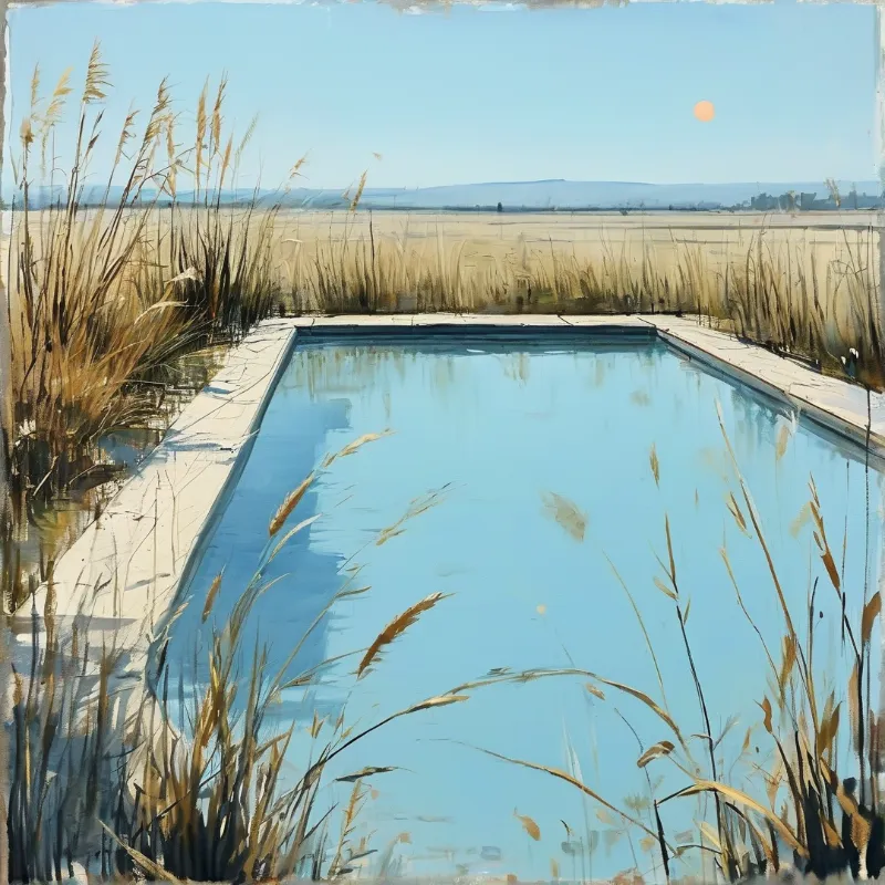 A rectangular basin of clear blue water sits isolated in a desolate field of golden grass under a bright sky.