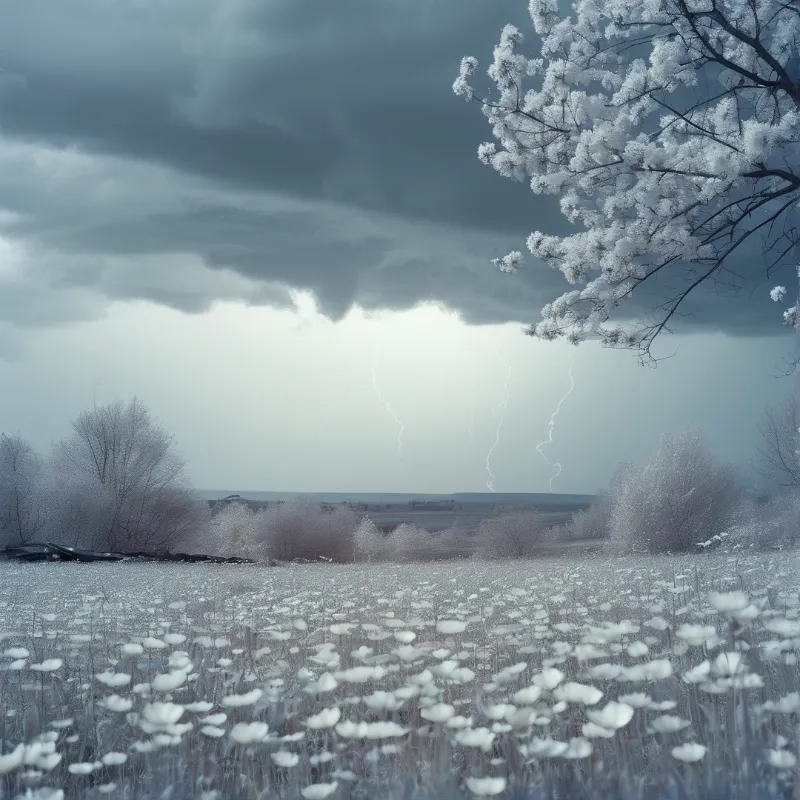 Ice-covered blooms fill a snowy field while multiple lightning strikes pierce a dark cloudy sky in the distance.