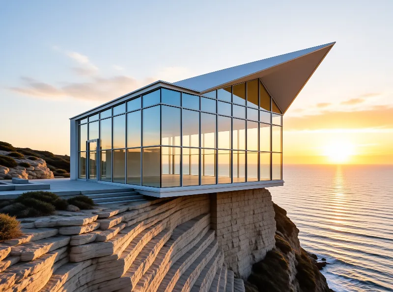 A sleek glass-walled home with a sharply angled roof juts out over layered coastal cliffs at golden sunset.
