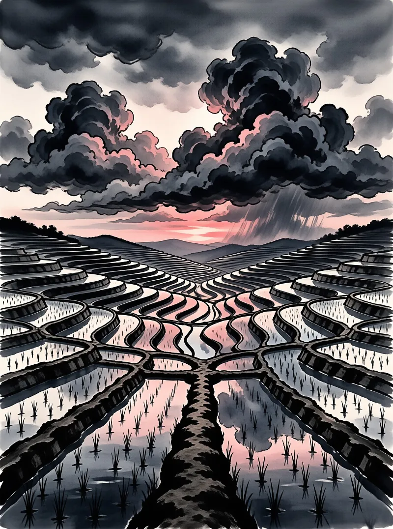 Stylized rice terraces filled with water reflect the dramatic dark clouds and pink sunset light on the horizon.