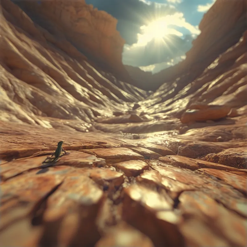 A small green lizard sits on a warm orange rock at the base of a steep canyon while bright sunlight streams down.