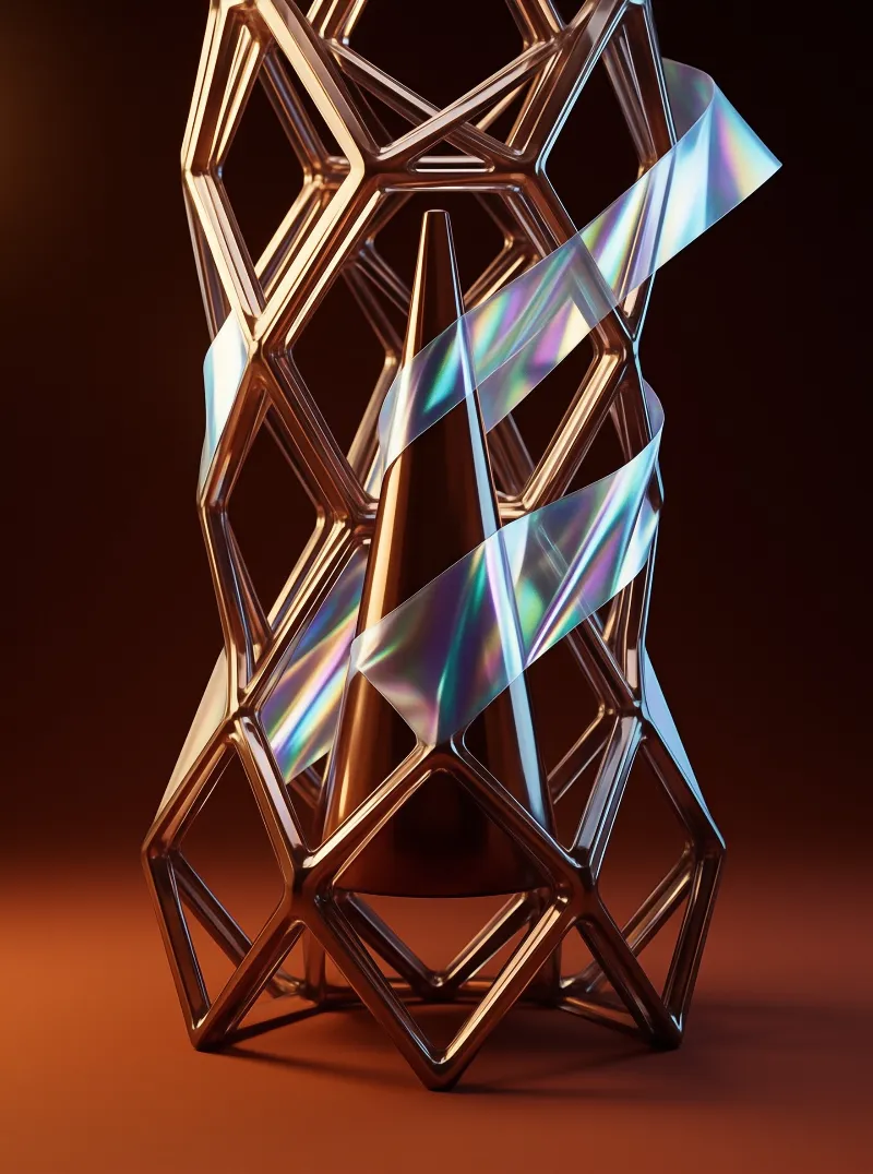 A metallic bronze geometric tower features a twisting lattice design surrounded by a shimmering holographic ribbon.