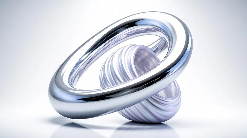A polished metal ring slices through a glossy marbled ball, set against a bright seamless white backdrop.
