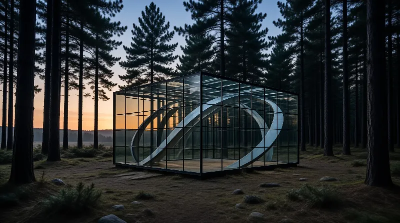 A transparent architectural pavilion sits centrally within a dark pine woodland, while the sky glows with warm sunset hues on the horizon to the left, and inside the frame a sleek white looping ribbon structure curves elegantly across the wooden floor, illuminated from within to contrast against the dimming natural sur