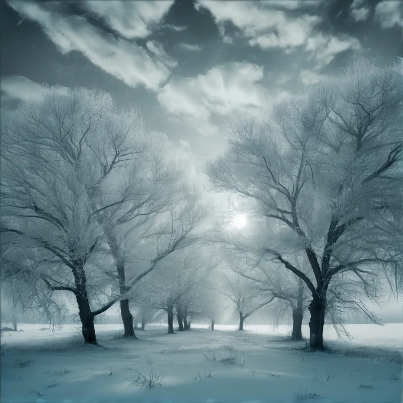 Frost covered trees line a snowy field under a cloudy sky with a bright sun shining through the haze in the distance.