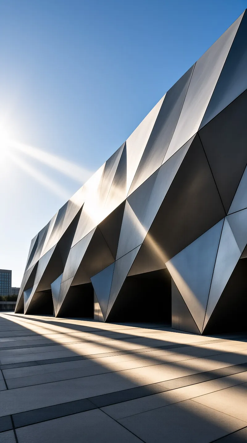 A sharp facade of polished metal triangles catches bright sunlight beside a clear blue sky and long shadows on the pavement.