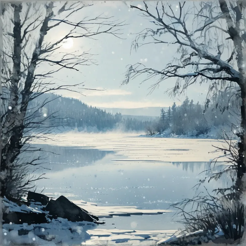 Delicate winter branches frame a half-frozen lake where mist drifts under a pale sunlit sky.