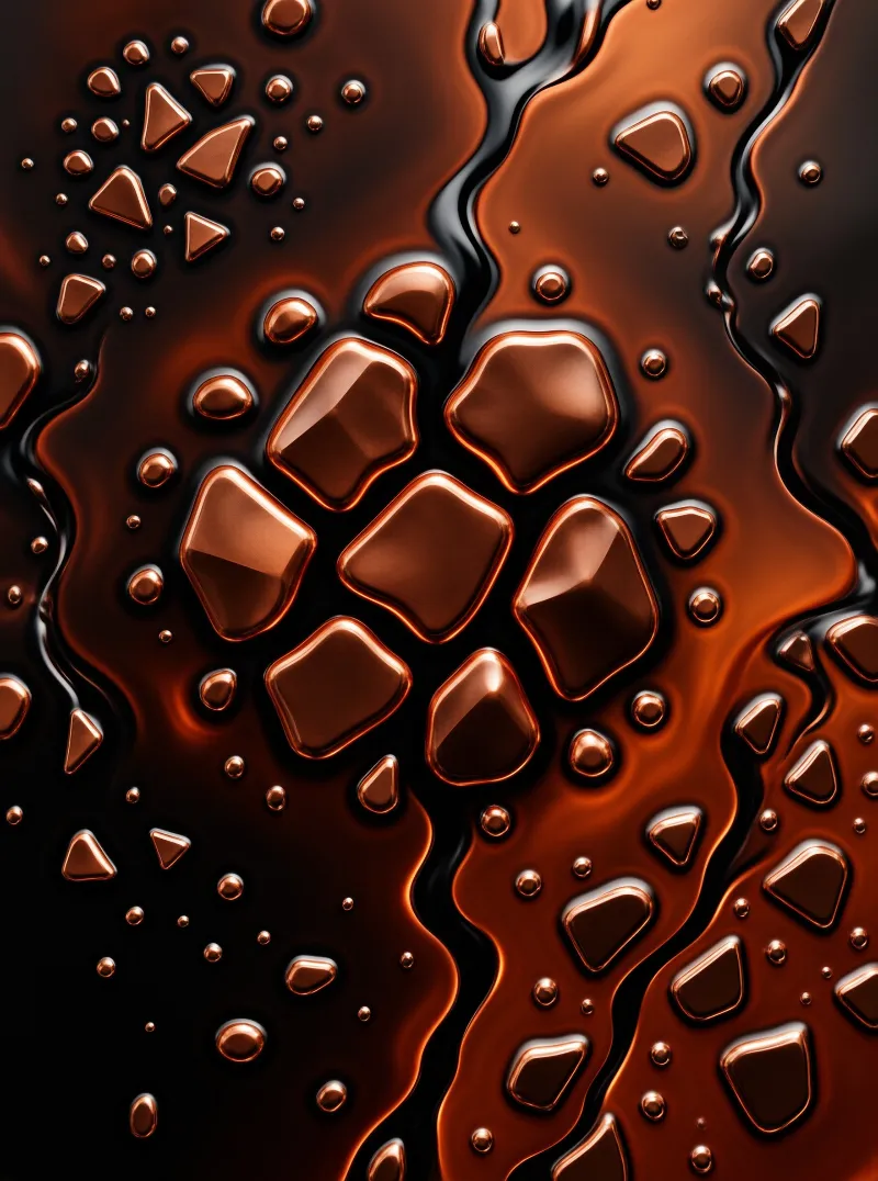 Glossy raised beads of molten copper gather across a rippling black surface in this abstract metallic texture.