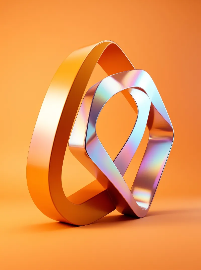 A twisted metallic loop sculpture featuring iridescent rainbow reflections stands against a solid orange background.