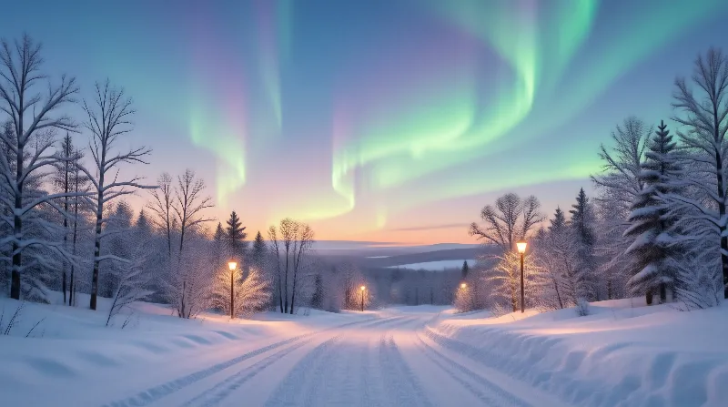 Aurora Over Snowy Road