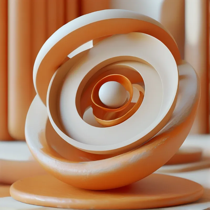 A smooth orange and white spiral sculpture features a central sphere surrounded by nested curved rings on a flat base.
