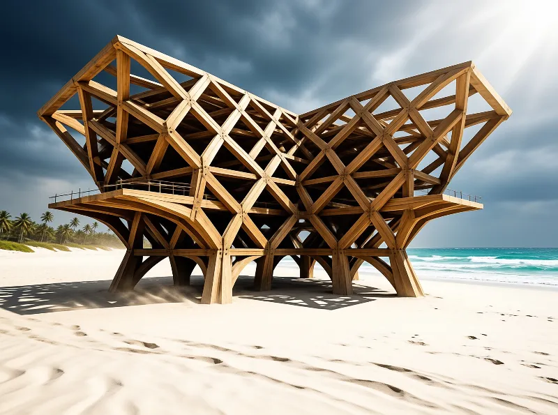 A complex wooden lattice pavilion stands on white sand near blue ocean waves under a dramatic cloudy sky.