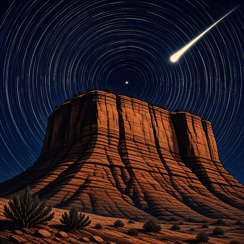 A shooting star cuts across concentric star trails above a red rock mesa dotted with desert shrubs.