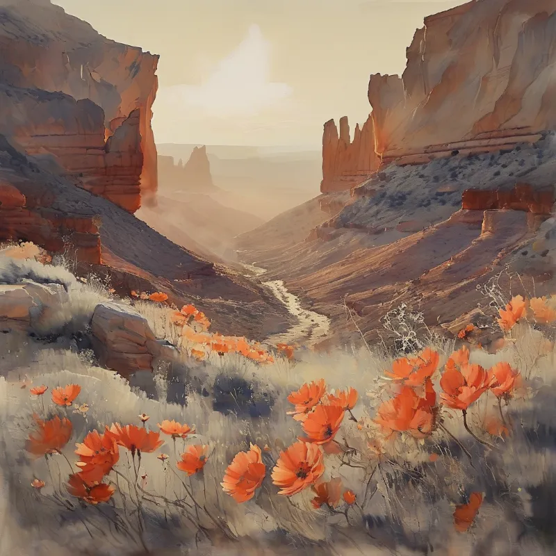 A painting shows bright orange flowers blooming in the foreground of a steep rocky canyon illuminated by soft morning haze.