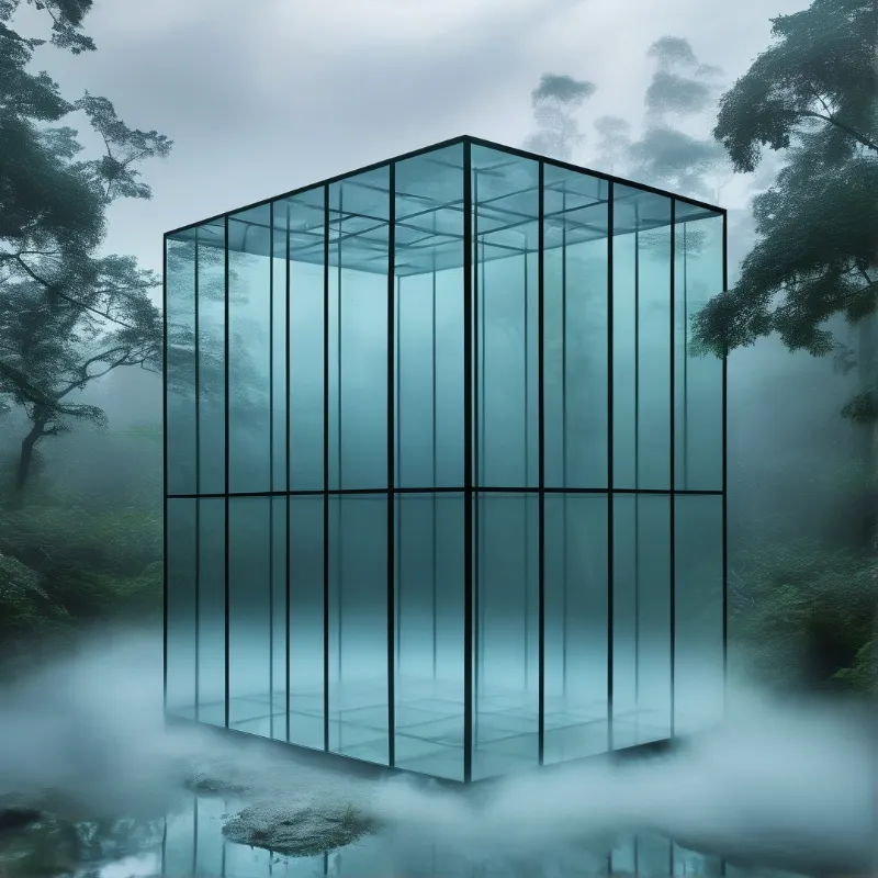 Glass Cube in Misty Forest