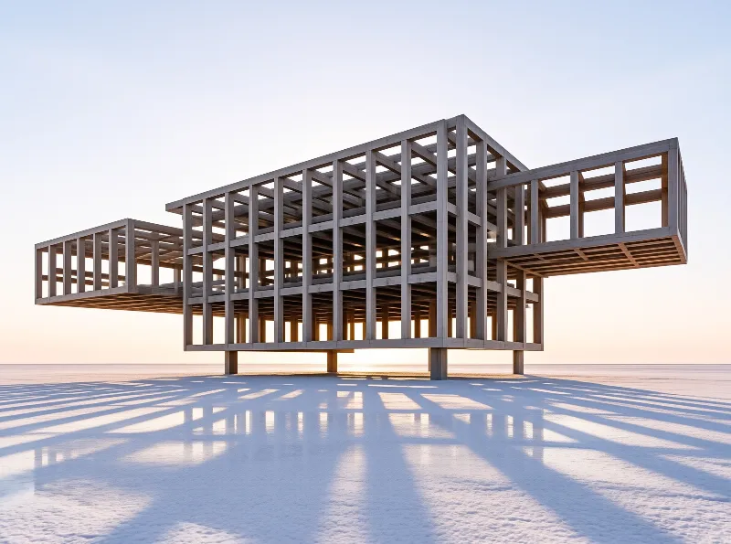 A bare wooden timber frame of a house stands isolated on a reflective white salt flat under soft morning light.