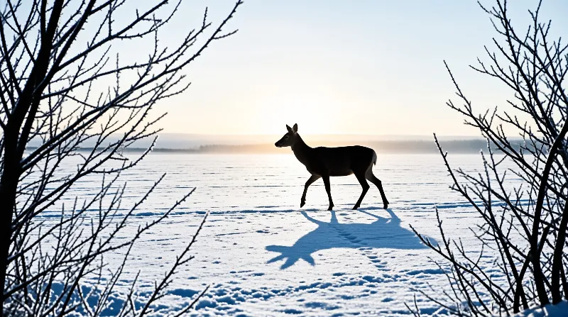 A deer silhouette walks across a vast white snowy landscape while framed by dark bare branches under a soft twilight sky.