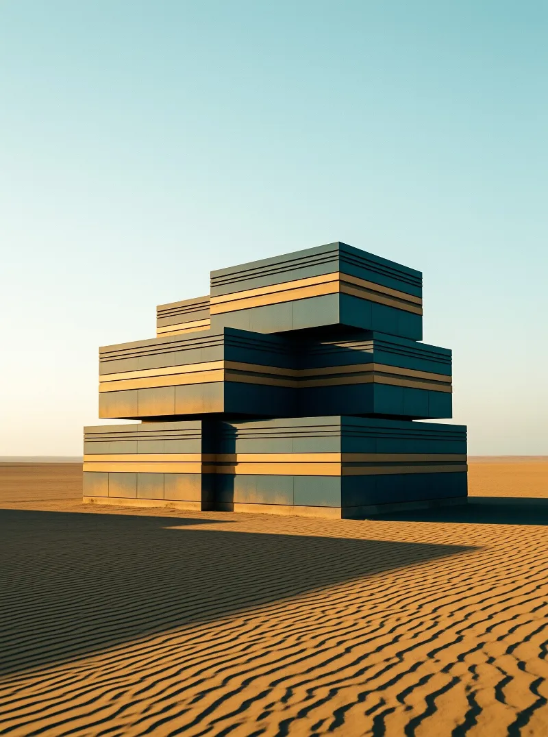 A large stacked geometric form sits on rippled desert sand bathed in warm golden sunlight against a blue sky.