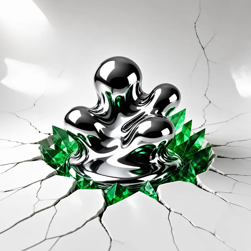 A shiny silver metallic sculpture rises out of a hole in a cracked white surface surrounded by green crystals.