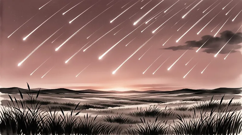 Bright streaks of meteors cut diagonally across a soft pink sky above a grassy wetland with distant dark hills.