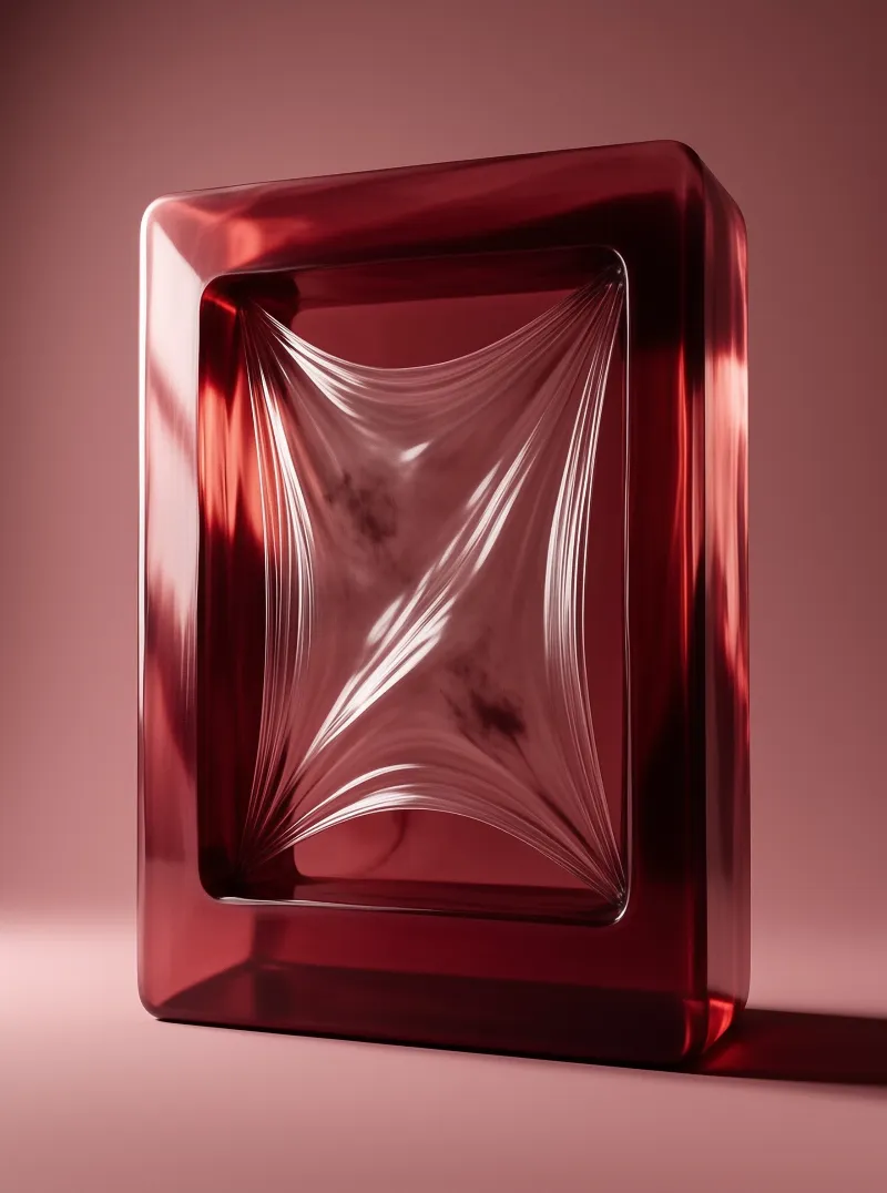 A shiny red rectangular block with a rippled inner face illuminated against a matching pink backdrop.