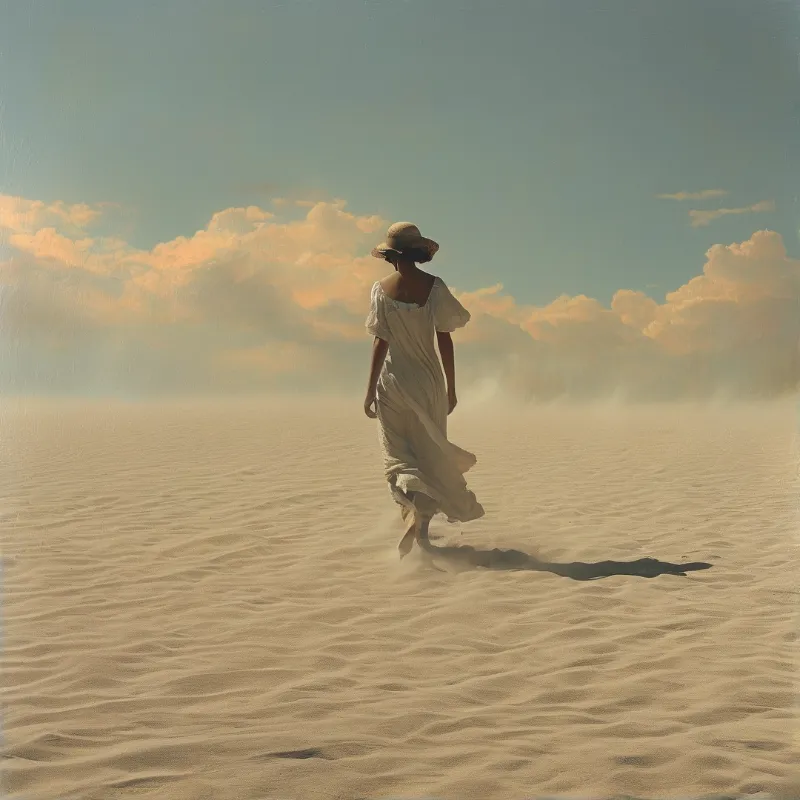 A woman in a flowing white dress and straw hat walks away across rippled sand dunes under a hazy blue sky with golden clouds.