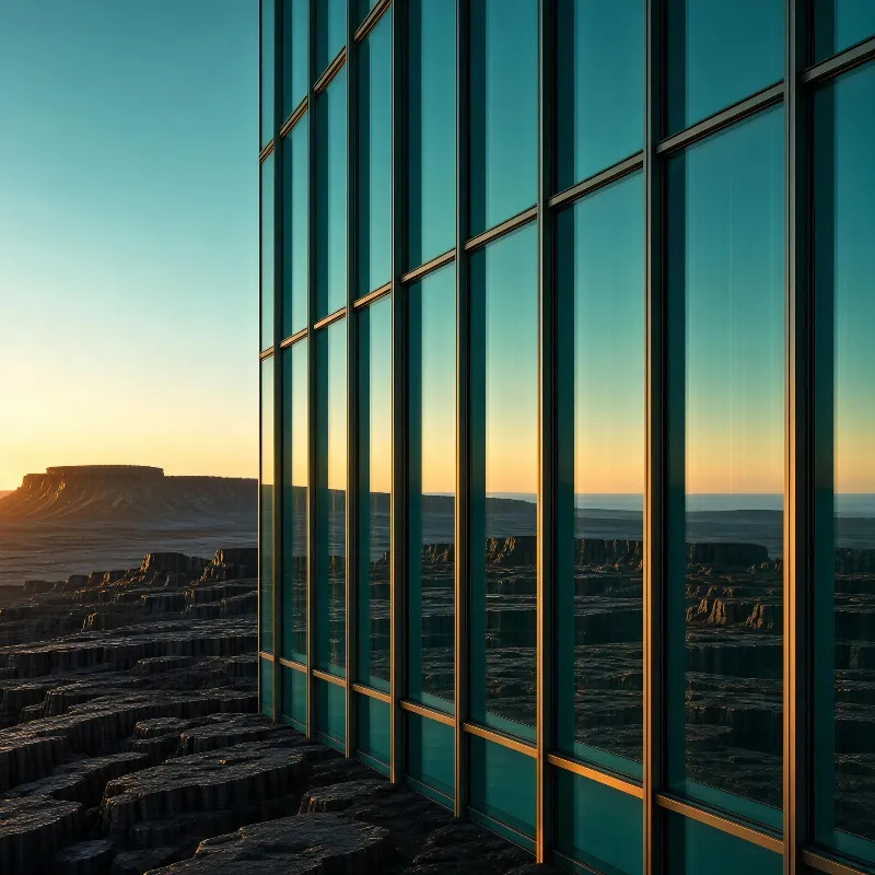 A modern glass building with reflective windows stands against a desert landscape during sunset, with warm light illuminating the rocky terrain and distant mesa.